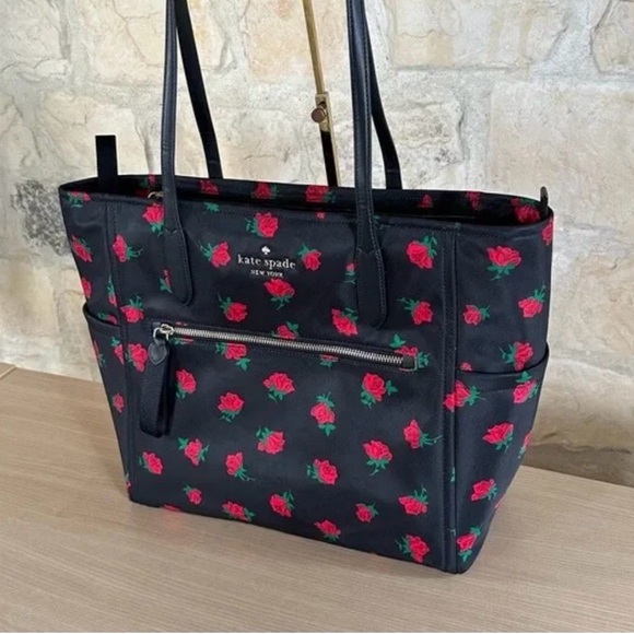 kate spade Black Tote with Red Rose Print and Matching Pouches - Picture 2 of 4